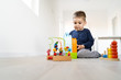 © Miljan Živković - Small boy playing with little brick block toys at home on the floor