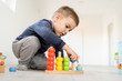 © Miljan Živković - Small boy playing with little wood toys at home on the floor learning colors and counting