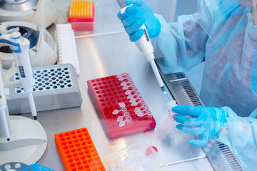 dna test in the lab. a laboratory technician with a dispenser in his hands is conducting dna analysi