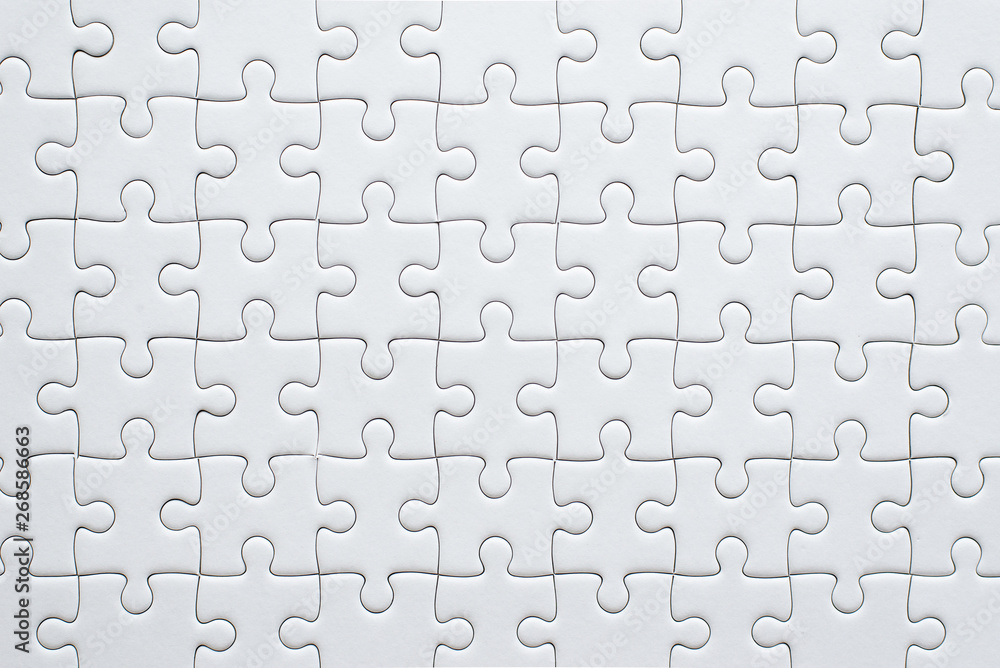 Puzzle pieces grid,Jigsaw puzzle white colour,Success mosaic solution template,Horizontal on white background copy space for text,Top view - obrazy, fototapety, plakaty 