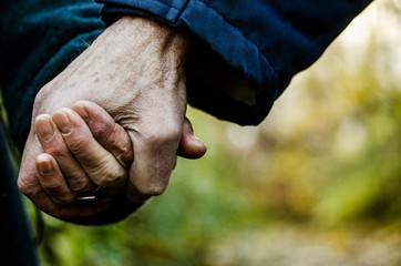 Older married couple holding hands in nature