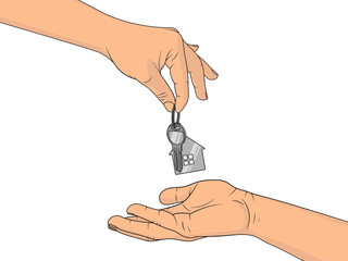 Wall Mural - Hand giving home keys in the other hand. Purchase or rental real estate concept. Vector illustration