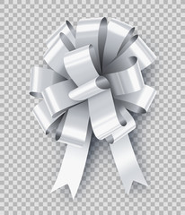 Wall Mural - Pretty white gift bow with ribbon. Wedding ceremony decor isolated on transparent background. Realistic decoration for presents wrapping. Different elegant object from silk vector illustration.