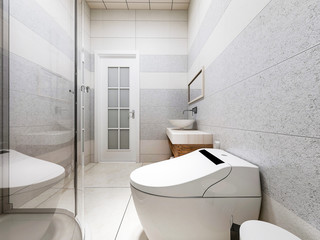 Modern bathroom in the home with smart toilet and shower, as well as sink and mirror