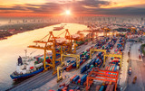 Logistics and transportation of Container Cargo ship and Cargo plane with working crane bridge in shipyard at sunrise, logistic import export and transport industry background