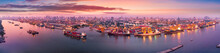 Aerial Panoramic View Of Logistics And Transportation Of Container Cargo Ship And Cargo Plane With Working Crane Bridge In Shipyard At Sunrise, Logistic Import Export And Transport Industry Background