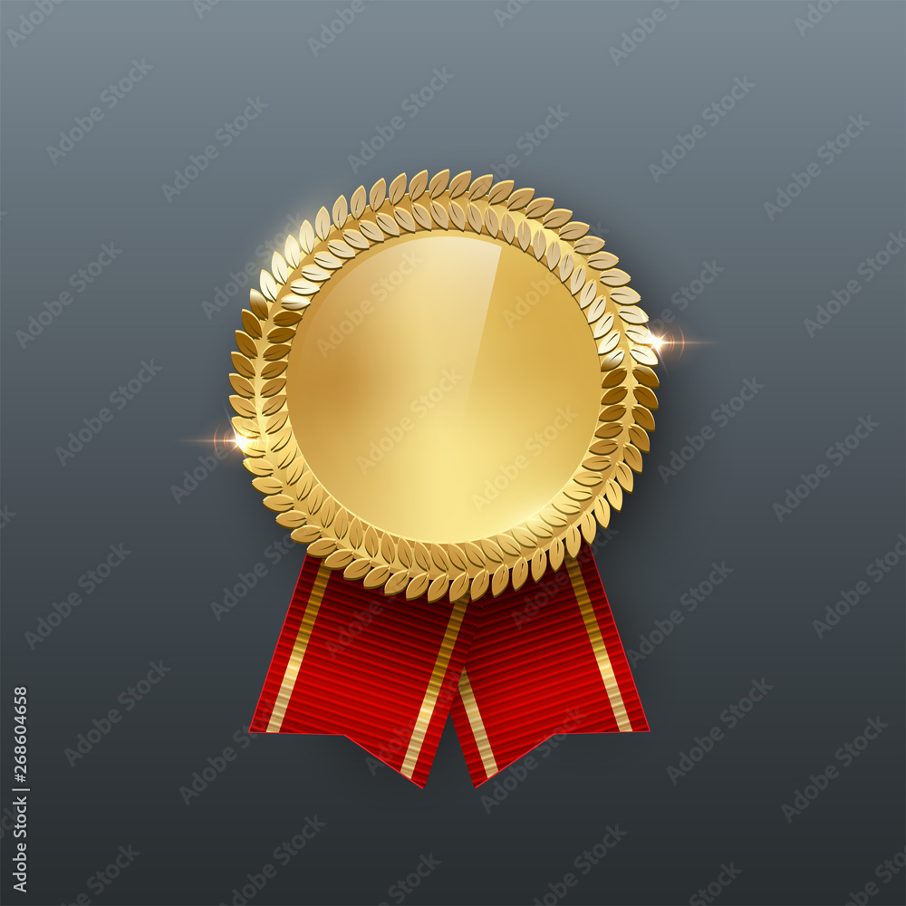 Award golden medal with ribbon 3d realistic vector color illustration ...
