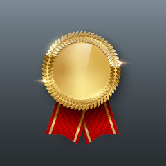 award golden medal with ribbon 3d realistic vector color illustration on gray background