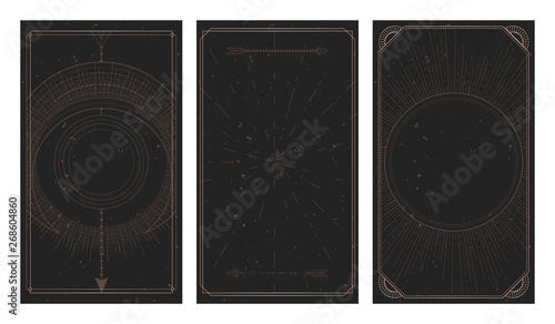 Fotomural Vector set of three dark backgrounds with geometric symbols, grunge textures and frames