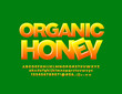 © Popskraft - Vector glossy emblem Organic Honey. Color gradient Font. Shiny Alphabet Letters, Numbers and Symbols