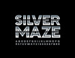 © Popskraft - Vector Silver maze Alphabet set. Uppercase metallic Font. Reflective chrome Alphabet Letters and Numbers
