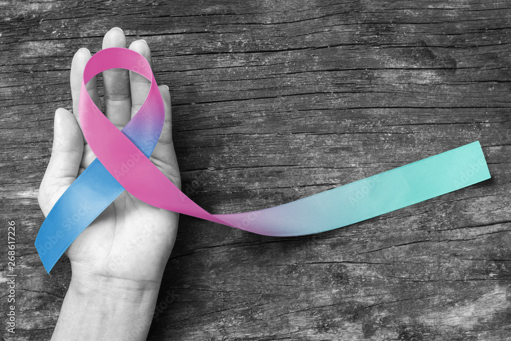 Thyroid Cancer Awareness ribbon Teal Pink Blue ribbon color on woman's ...
