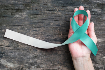 Wall Mural - Teal and white ribbon for Cervical Cancer awareness campaign concept symbolic bow color on woman helping hand support on old aged wood