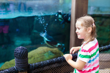 Wall Mural - Kids watch penguin at zoo. Child at safari park.