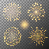 Fototapeta Kuchnia - Set of five fireworks bursting in various shapes. Firework explosion in night. Firecracker rockets bursting in big sparkling star balls