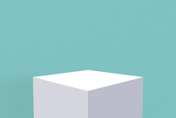 3d rendering. empty white cube box with blue sapphire color tone cement wall design background.