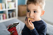 © Miljan Živković - Portrait of a little small boy eating unhealthy snacks potato chips at home