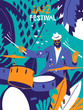 Jazz festival poster. Drums player with summer hat and sunglasses on floral background. Modern minimal flat colors illustration.