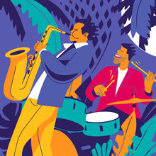 Jazz Musicians. Drummer And Saxophonist On Dark Blue Background. Modern Flat Colors Illustration.