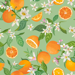 Wall Mural - Seamless Orange pattern with tropic fruits, leaves, flowers background. Hand drawn vector illustration in watercolor style for summer cover, citrus tropical wallpaper, vintage texture