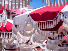 Large Red White Umberllas With Festoons Stacking