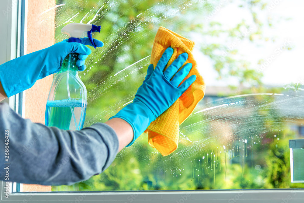 Cleaning window pane with detergent - obrazy, fototapety, plakaty 