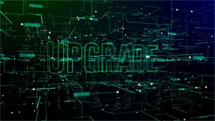 Animation of rotating digital space with 'Upgrade' text. Mesh cloud of connections and floating random numbers