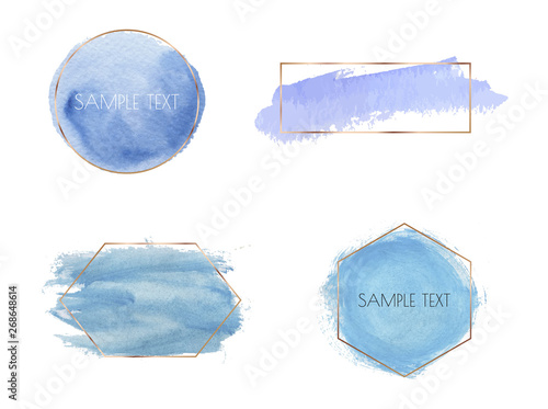 Gold Geometric Frames With Blue Brush Stroke Watercolor Texture