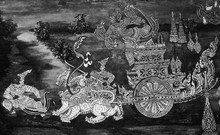 Bangkok, Thailand - May 19, 2019: The Ramakian (Ramayana) Mural Paintings Are Black And White Color Isolated Wall Pattern Along The Galleries Of The Temple Of The Emerald Buddha, Grand Palace 