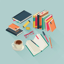 Flat Books Desktop. Open Book Reading Text Magazine Study Read Student School Literature, Colorful Vector Illustration