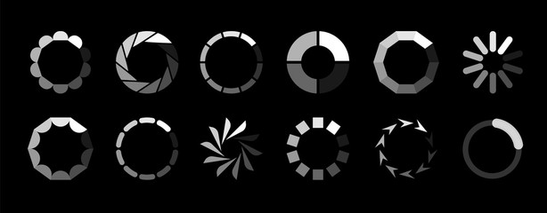 Round loader. Progressive internet buffering upload loading website interface sign vector isolated icon set on black background