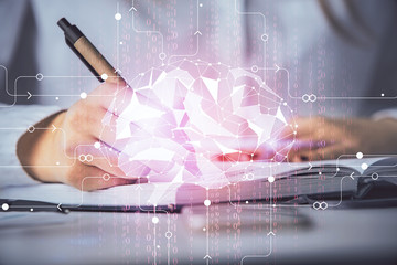 Aufkleber - Double exposure of woman's writing hand on background with brain hologram. Concept of brainstorming.