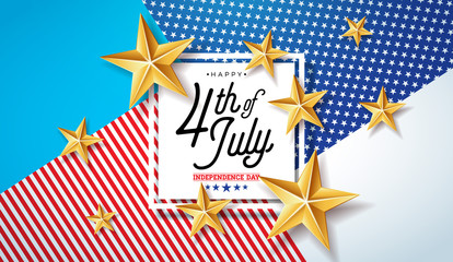 4th of July Independence Day of the USA Vector Illustration. Fourth of July American national Celebration Design with Stars and Typography Letter on Abstract Background for Banner, Greeting Card