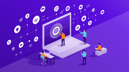 Wall Mural - business people and team working and use internet online network connection concept