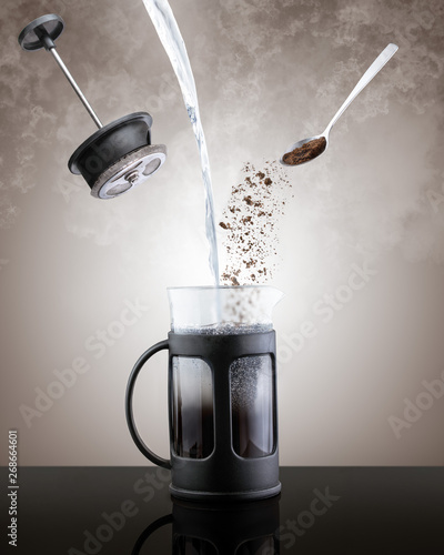 French press and coffee making elements, floating, photo manipulation