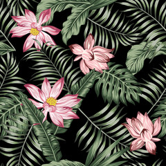 Wall Mural - Botanical seamless pattern green leaves pink flowers black background