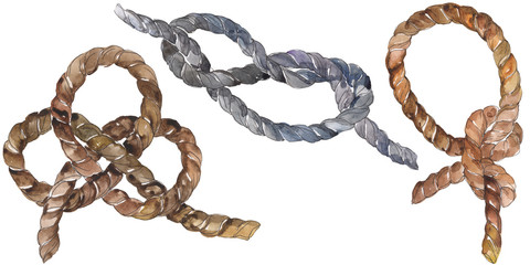 Set of sea rope nots. Watercolor background illustration set. Isolated sailing not illustration element.