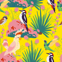 Vector Flat Seamless Tropical Pattern With Hand Drawn Jungle Plants, Exotic Birds And Floral Wild Nature Elements Isolated On Yellow Background. Good For Packaging Paper, Cards, Wallpapers, Gift Tags.