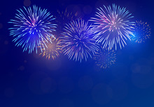 Colorful Fireworks Vector On Dark Blue Background With Sparking Bokeh