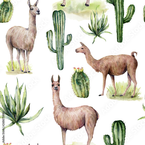 Fotomural Watercolor seamless pattern with llama and desert cacti