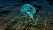 © lucadp - abstract circuit board with a cpu, data flow and a human brain in wireframe style (3d render)