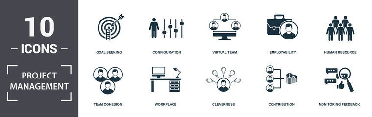 Project Management icons set collection. Includes simple elements such as Personal Solution, Team Cohesion, Workplace, Cleverness, Contribution, and School premium icons