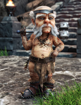 The mighty dwarf stands guard to the steps of his homeland city with war hammer in hand. 3d rendering fantasy portrait