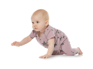 Canvas Print - Cute little baby crawling on white background