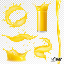 3D Realistic Set Of Isolated Vector Different Splashes Of Juice Of Orange, Mango, Bananas And Other Fruits, Transparent Glass With A Splash, Spray And Vortex Juice.