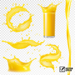 3D realistic set of isolated vector different splashes of juice of orange, mango, bananas and other fruits, transparent glass with a splash, spray and vortex juice.