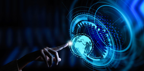 Leinwandbilder - Hand working with the earth with network line with point on the star and world modern UI with Internet Network concept.