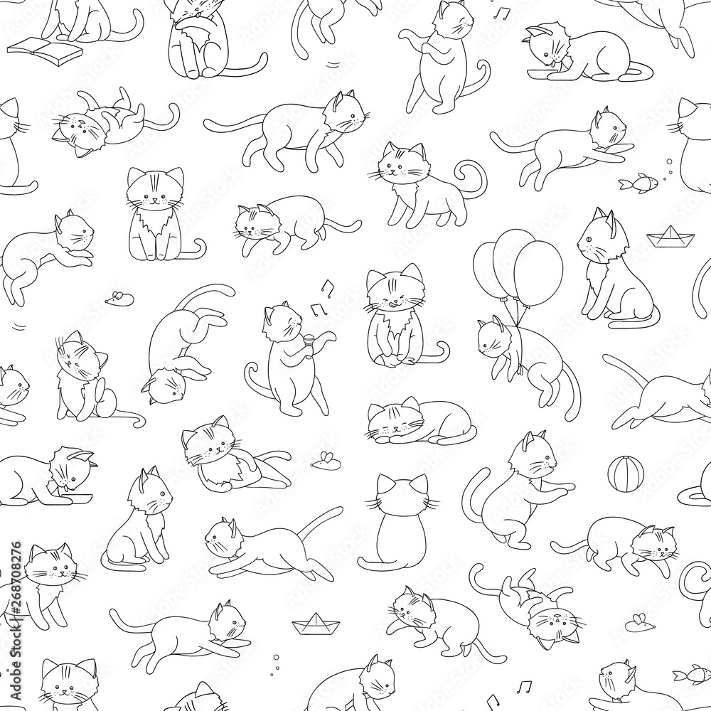 Repeat Pattern Cat Line Drawing Vector seamless pattern of cute cartoon style cat in different poses ...