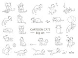 Fototapeta Fototapety na ścianę do pokoju dziecięcego - Vector set of cute cartoon style cat in different poses. Animal character illustration for children. Hand drawn line drawings of funny kitten. Big collection of pets for kids, coloring, animation.