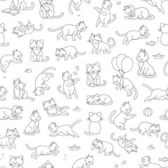 Wall Mural - vector seamless pattern of cute cartoon style cat in different poses. animal character illustration 